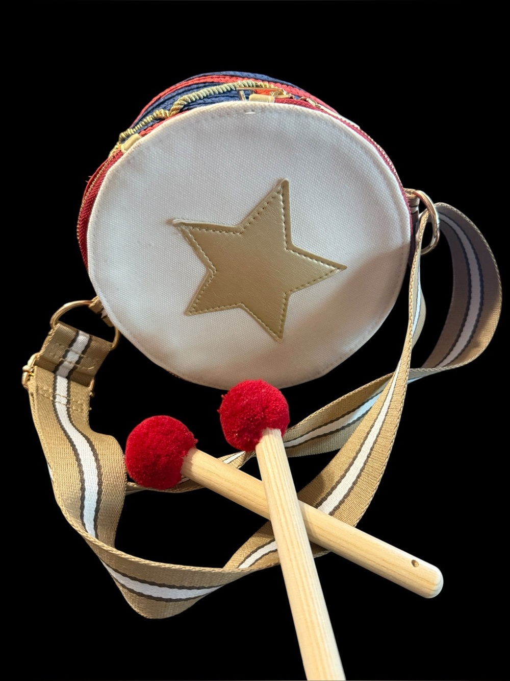 Patriotic Meri Meri novelty drum handbag purse canvas raffia red white blue